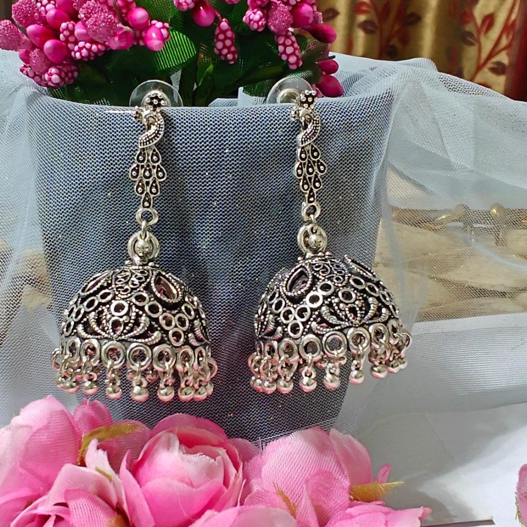 Peacock Jhumka Silver Oxidised Earrings