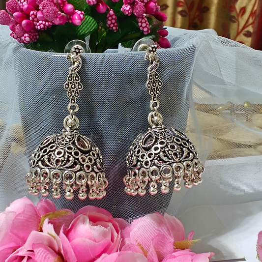 Peacock Jhumka Silver Oxidised Earrings