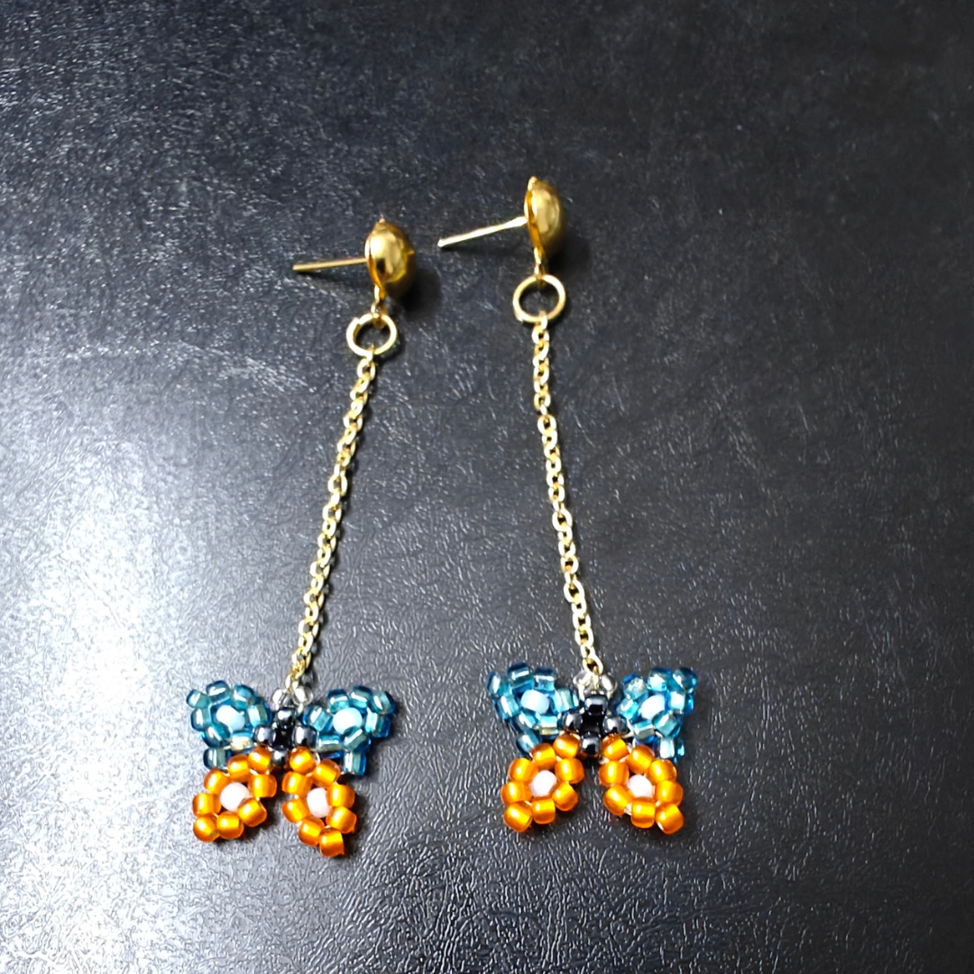 Orange and Blue Butterfly Handmade Beaded Earrings