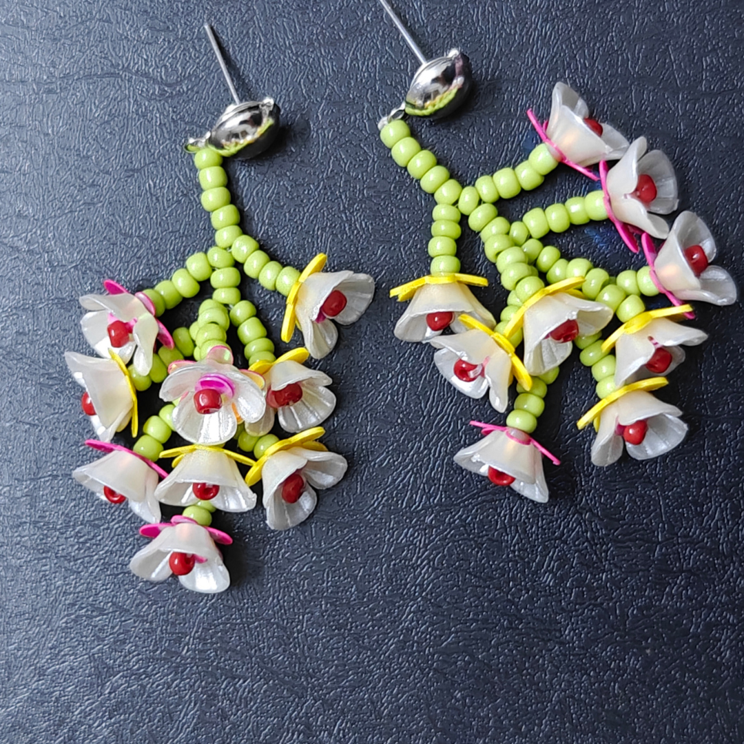 White Flower Handmade Beaded Earrings