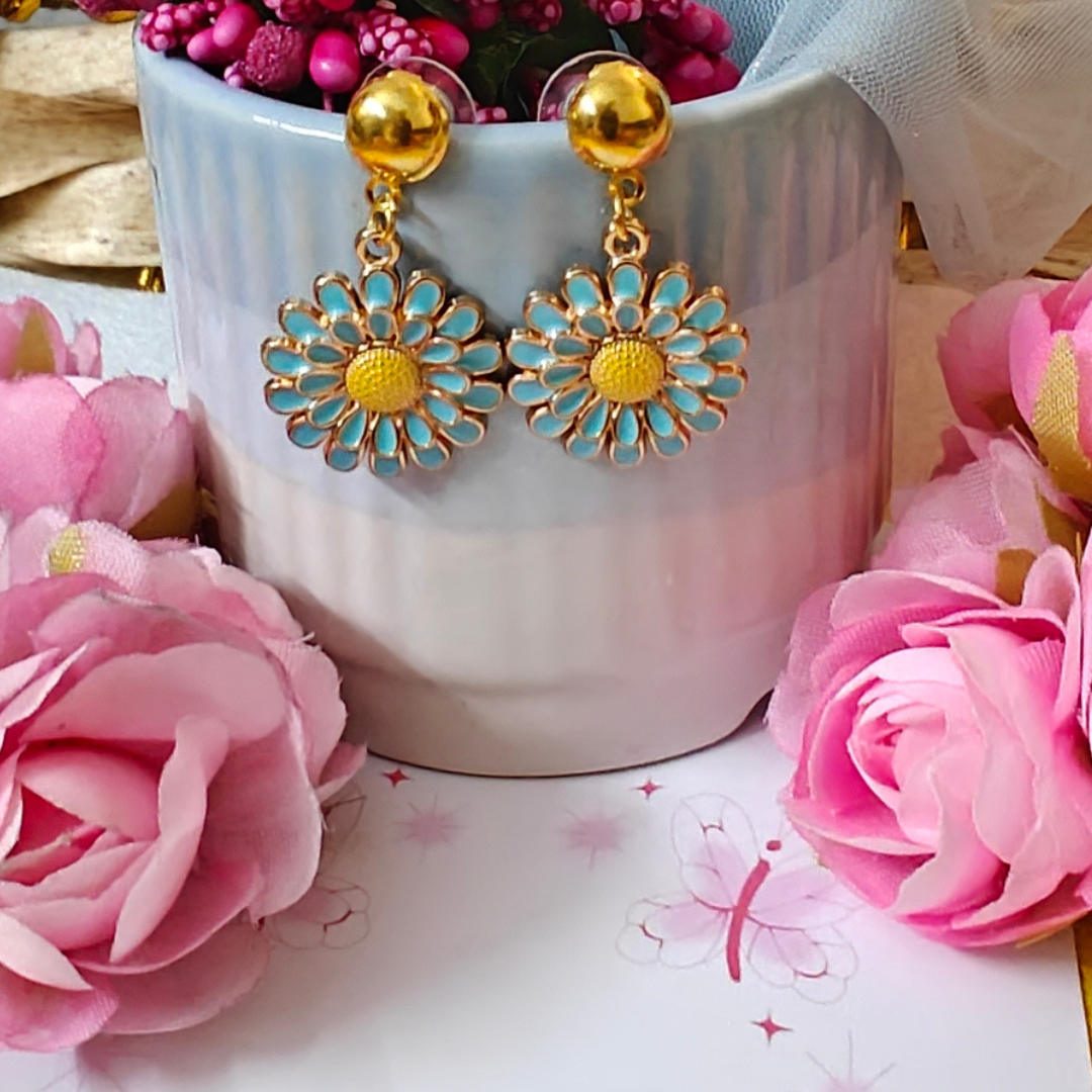 Blue Flower Metal Charm Handmade Earrings