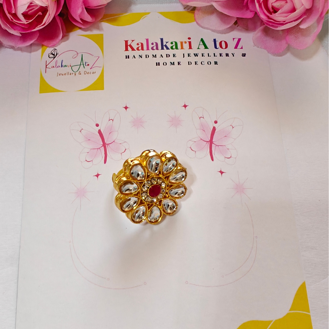 RED WHITE FLOWER KUNDAN RING