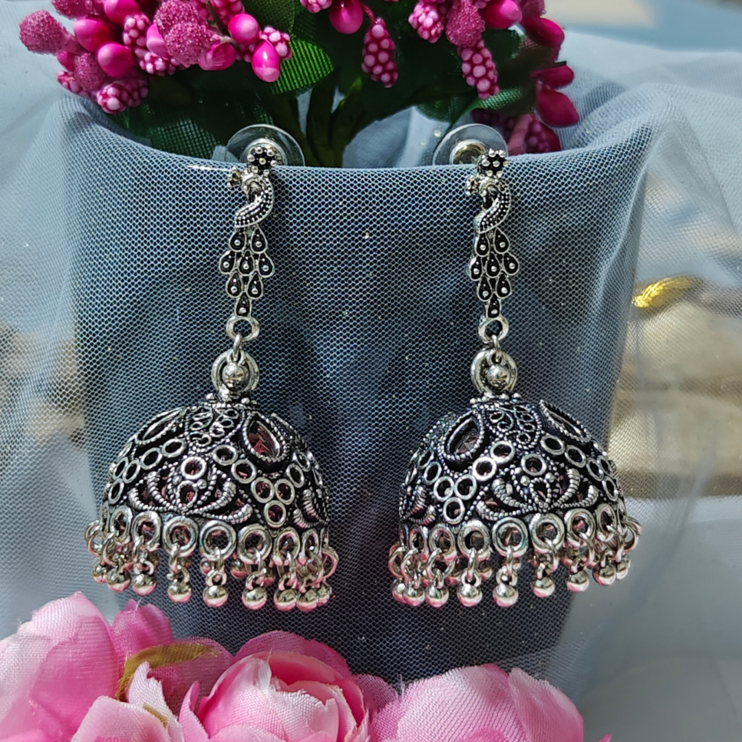 Peacock Jhumka Silver Oxidised Earrings