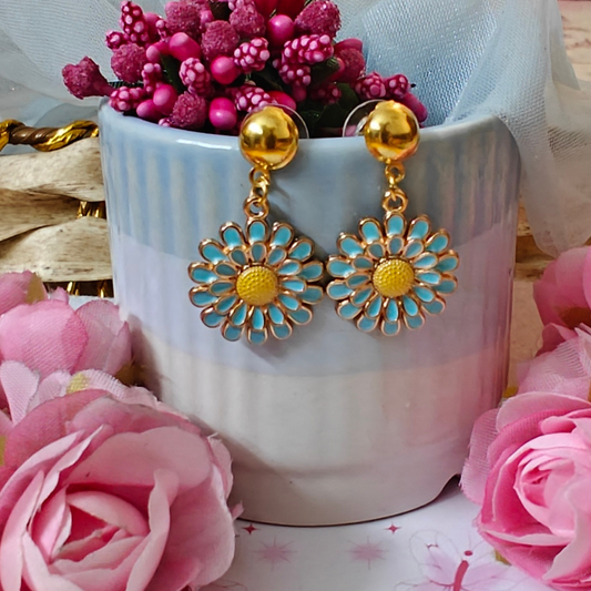 Blue Flower Metal Charm Handmade Earrings