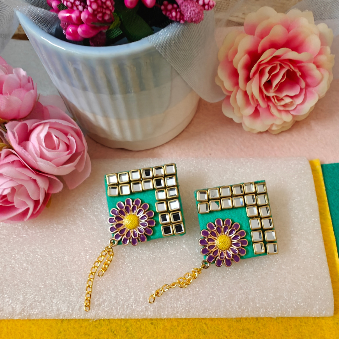 Purple Flower & Green Fabric Handmade Earrings