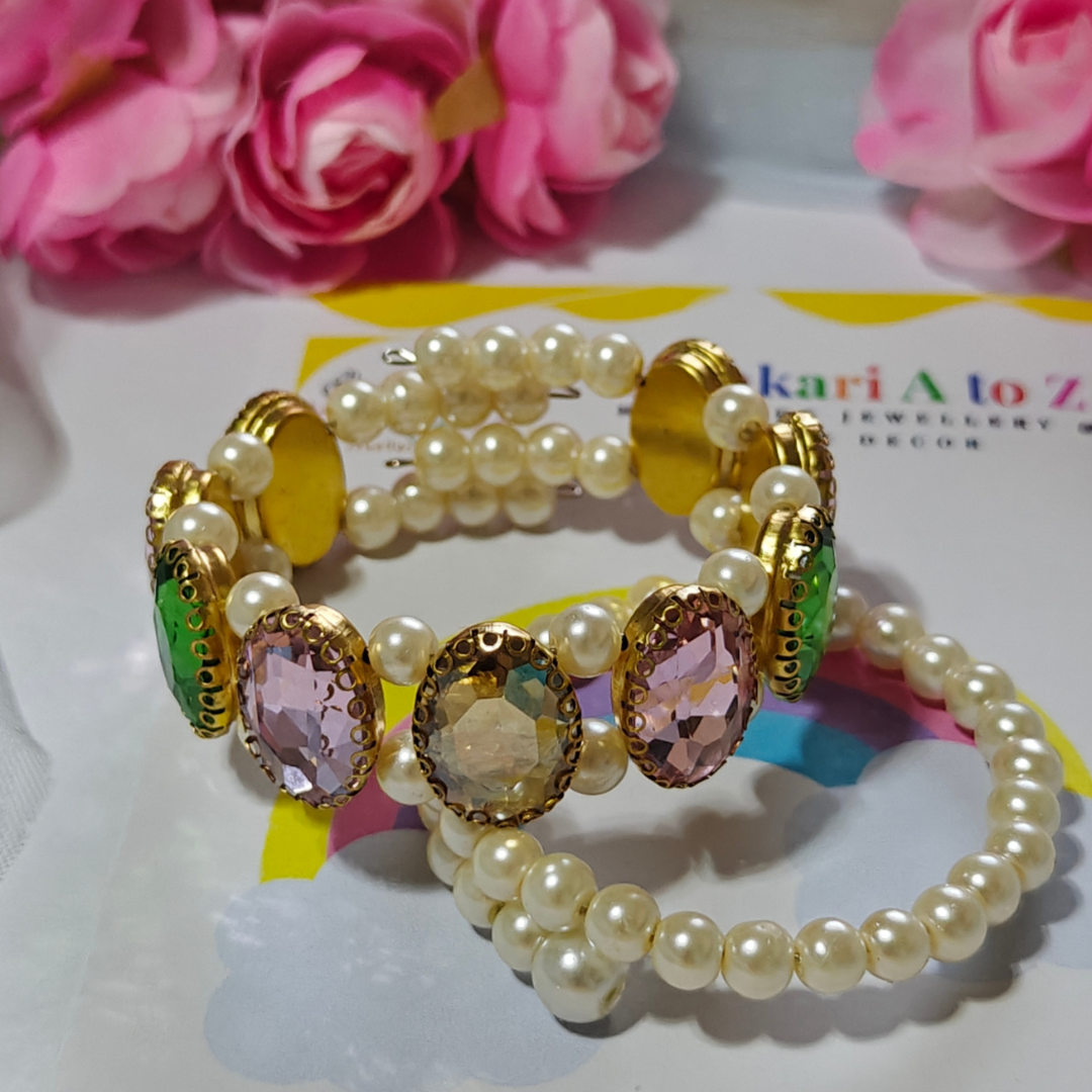 COMBO WHITE GREEN PINK BEIGE || STONE & BEAD BRACELET