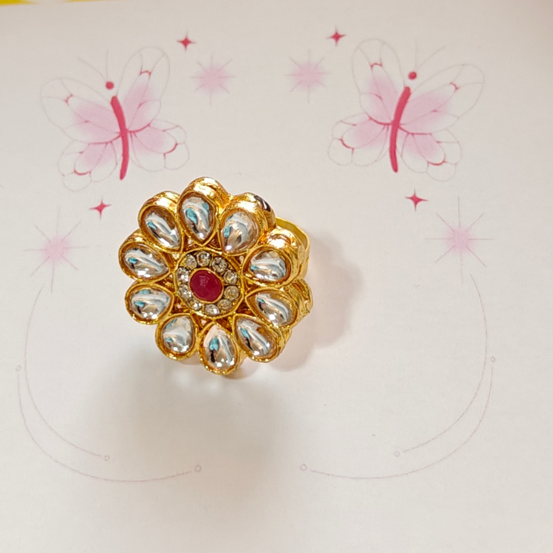 RED WHITE FLOWER KUNDAN RING