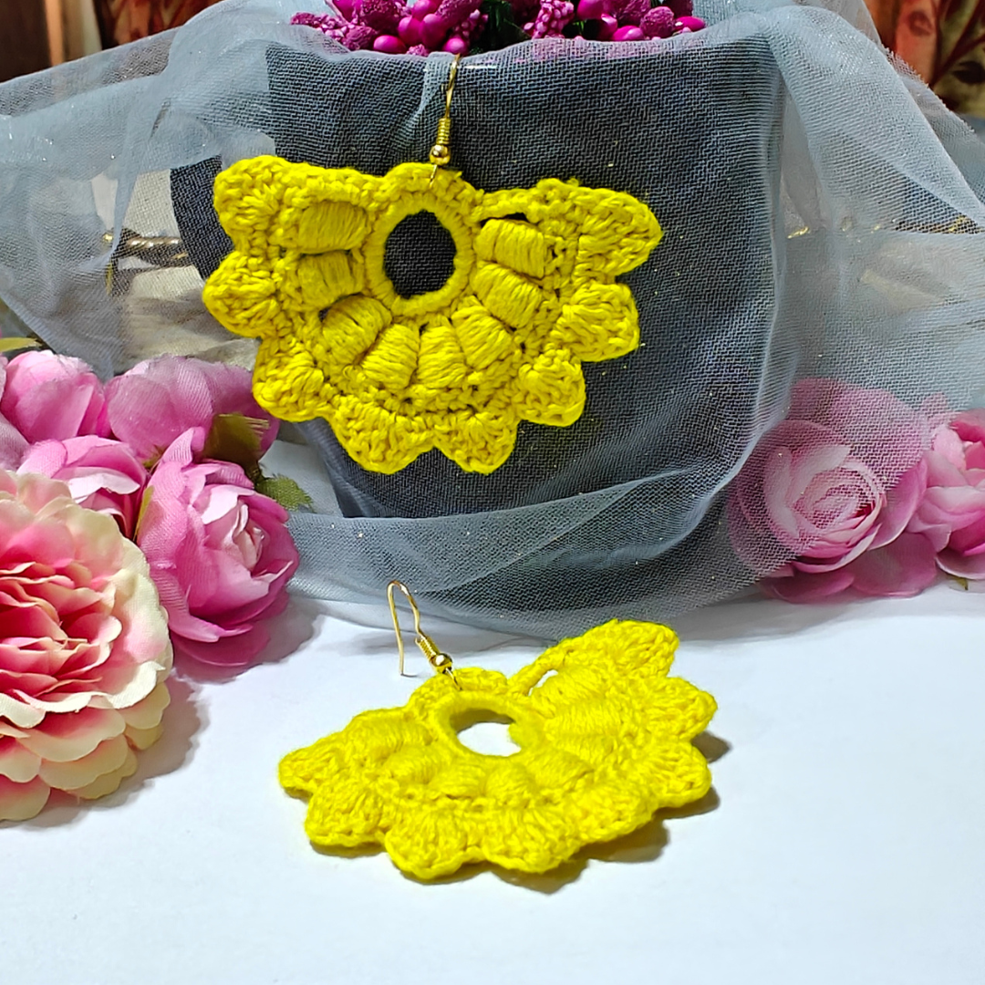 Haldi Phool Chaand – Yellow Handmade Cotton Earrings
