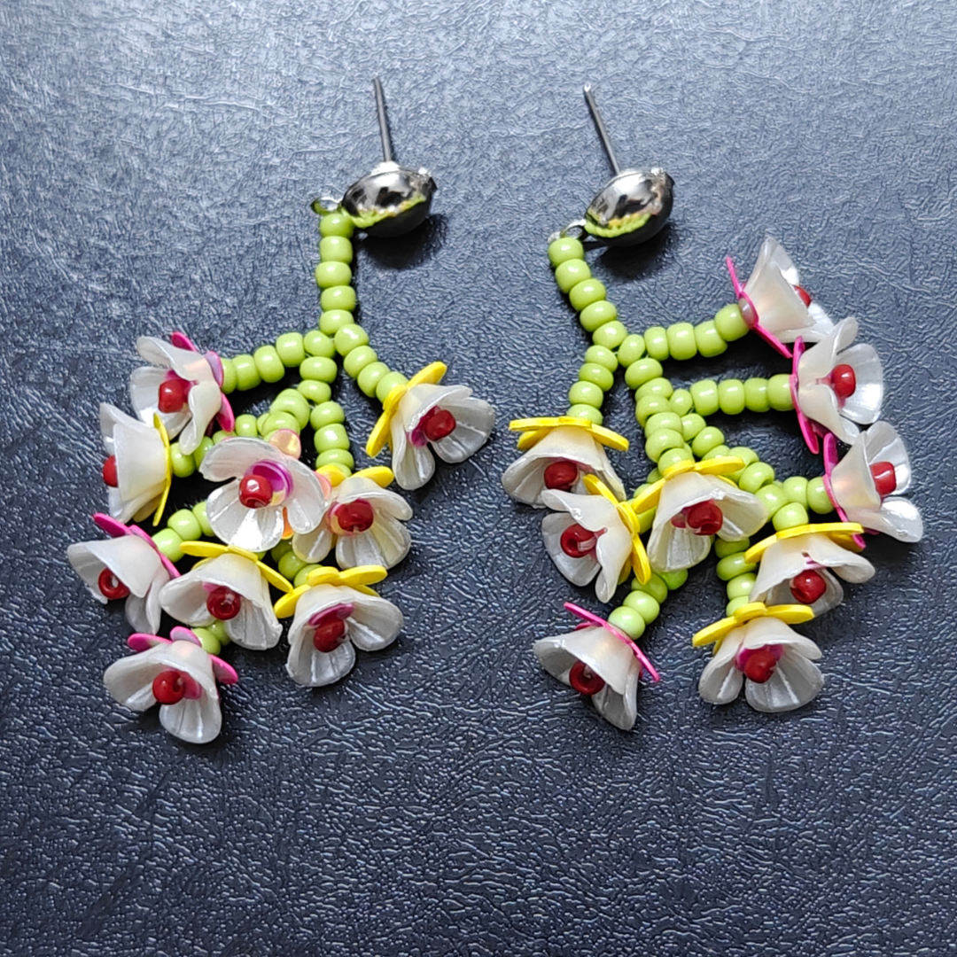 White Flower Handmade Beaded Earrings