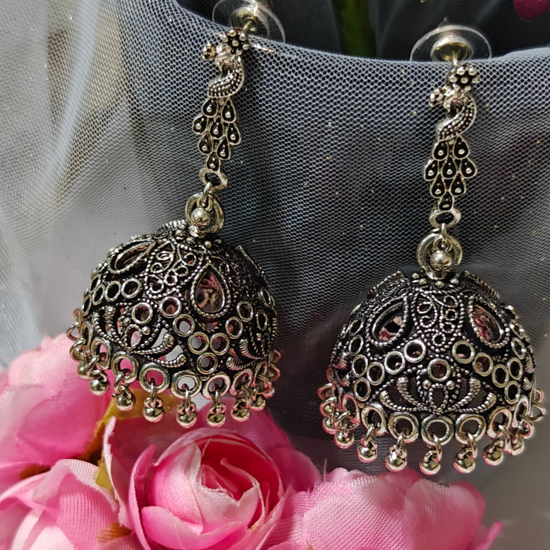 Peacock Jhumka Silver Oxidised Earrings