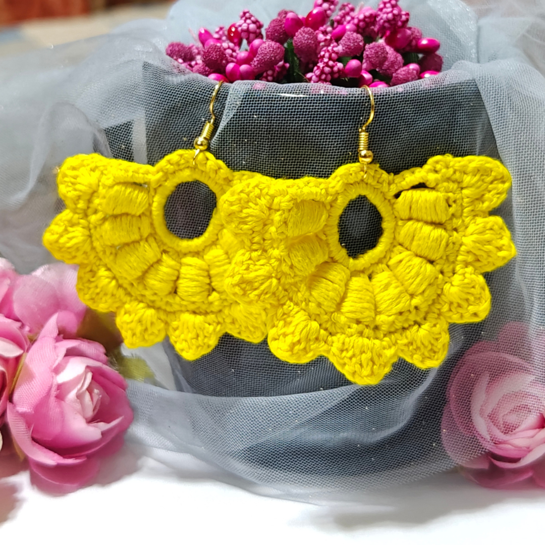 Haldi Phool Chaand – Yellow Handmade Cotton Earrings