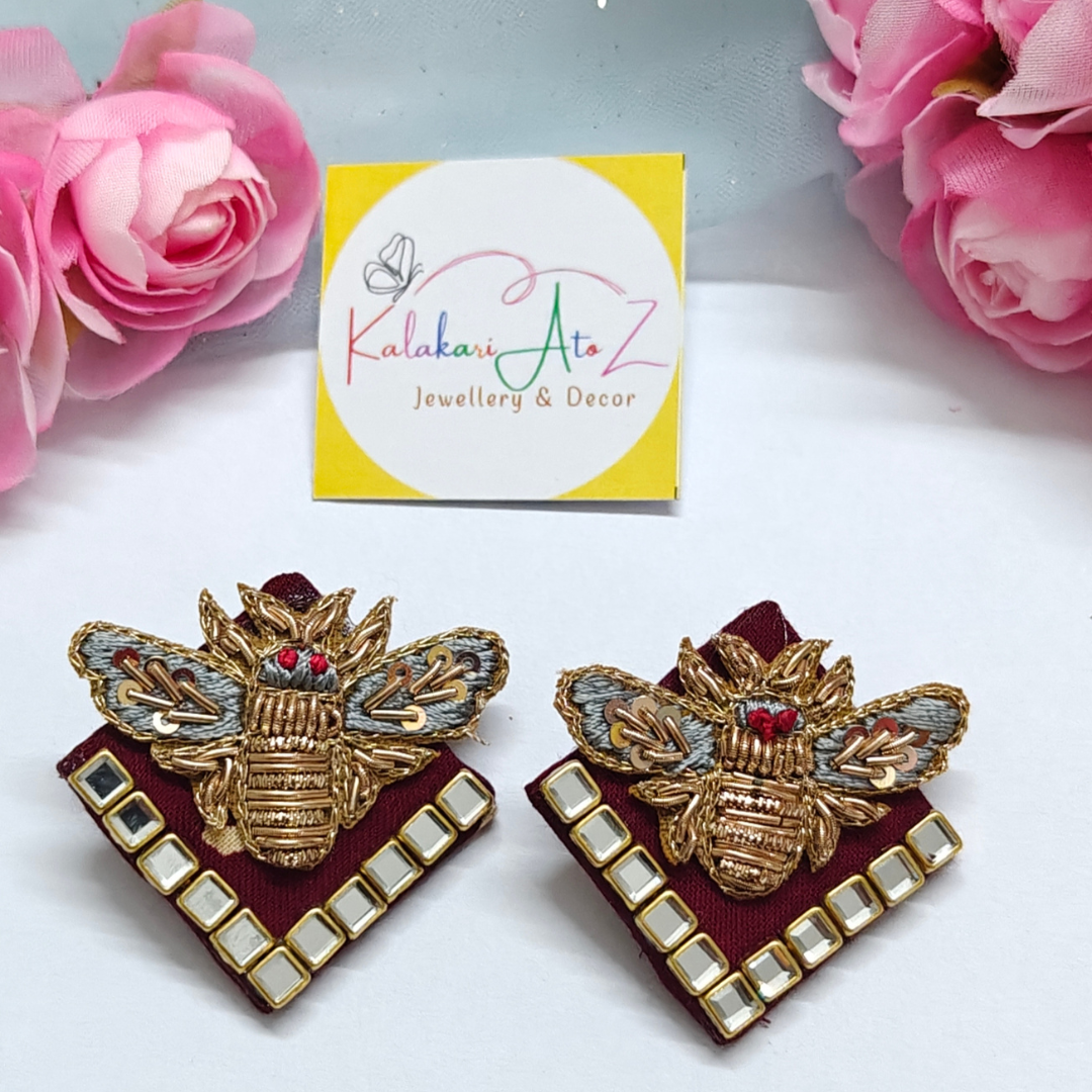 Golden and Blue Bee Handmade Fabric Earrings