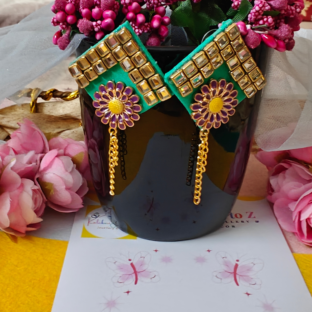 Purple Flower & Green Fabric Handmade Earrings
