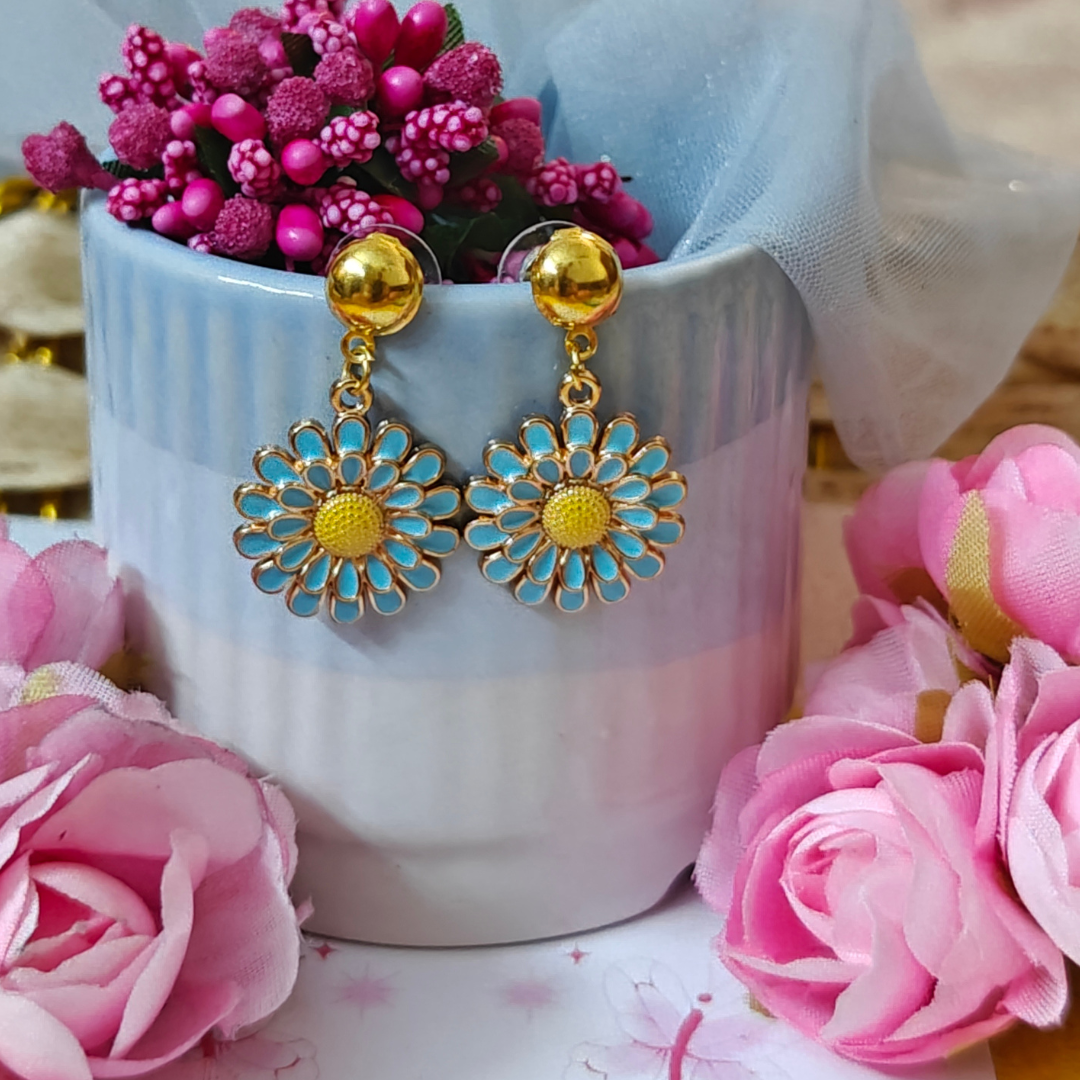 Blue Flower Metal Charm Handmade Earrings