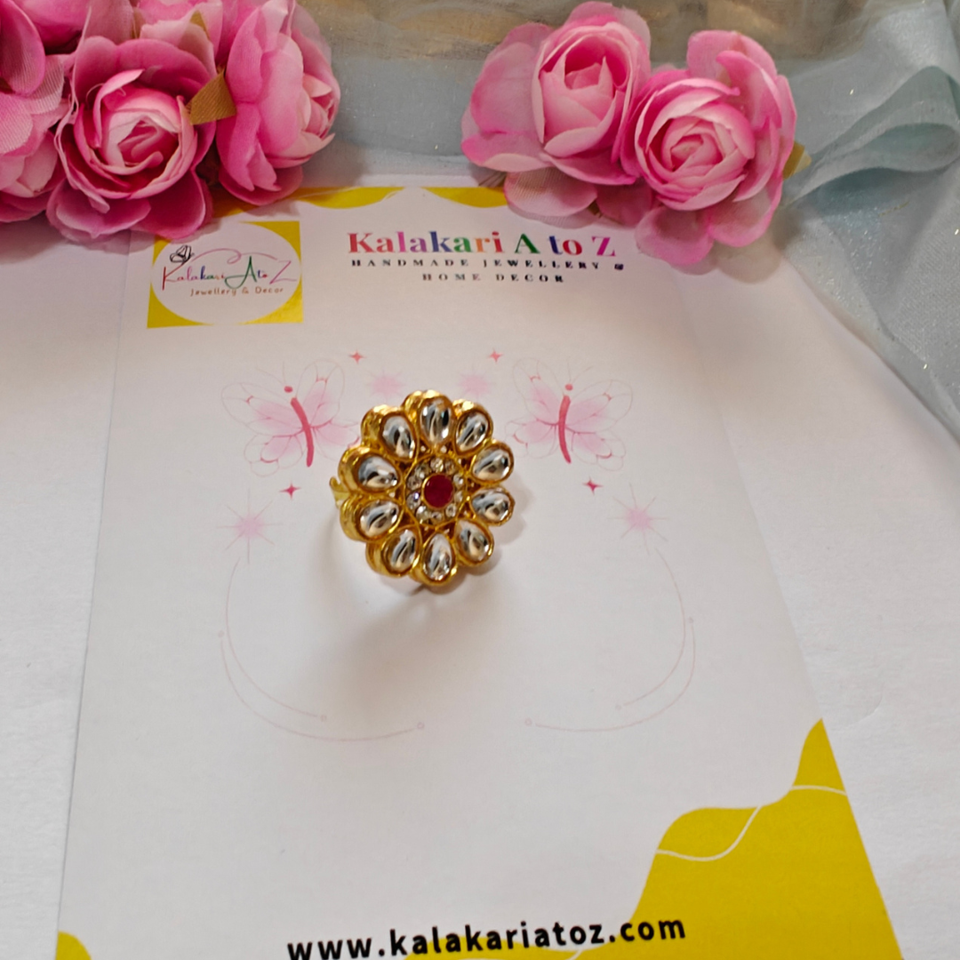 RED WHITE FLOWER KUNDAN RING