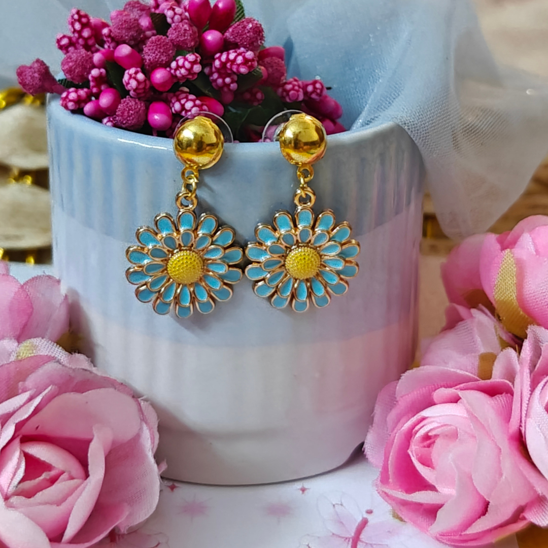 Blue Flower Metal Charm Handmade Earrings