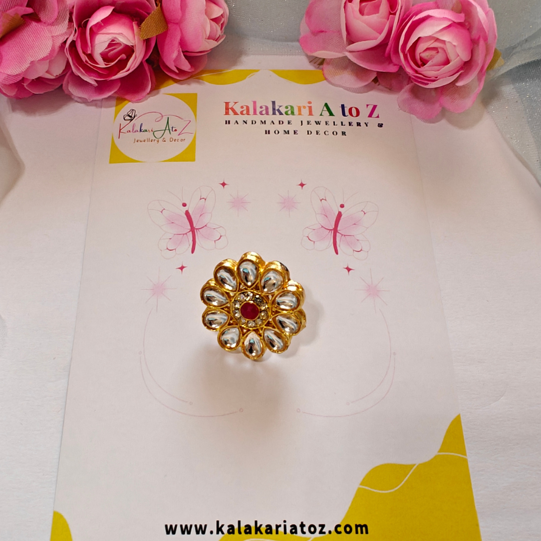 RED WHITE FLOWER KUNDAN RING