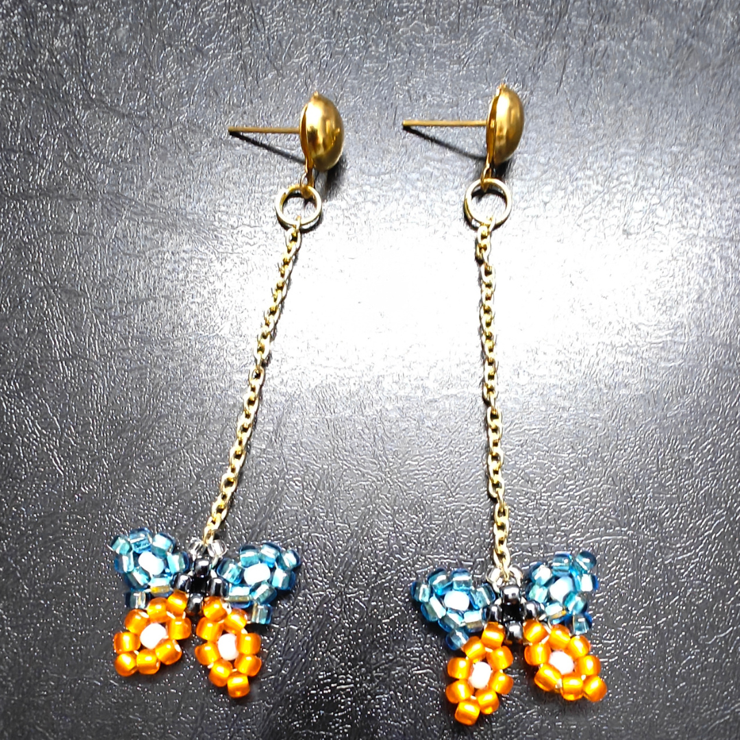 Orange and Blue Butterfly Handmade Beaded Earrings