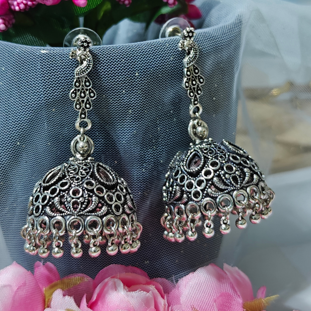 Peacock Jhumka Silver Oxidised Earrings