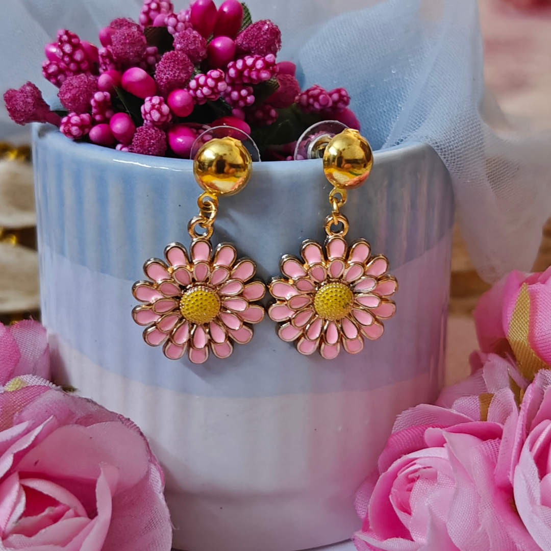 Pink Flower Metal Charm Handmade Earrings