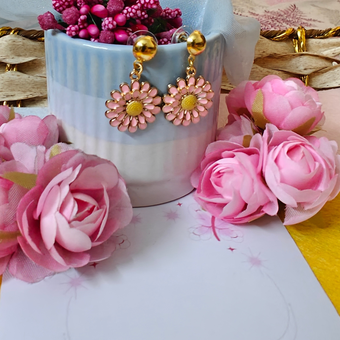 Pink Flower Metal Charm Handmade Earrings
