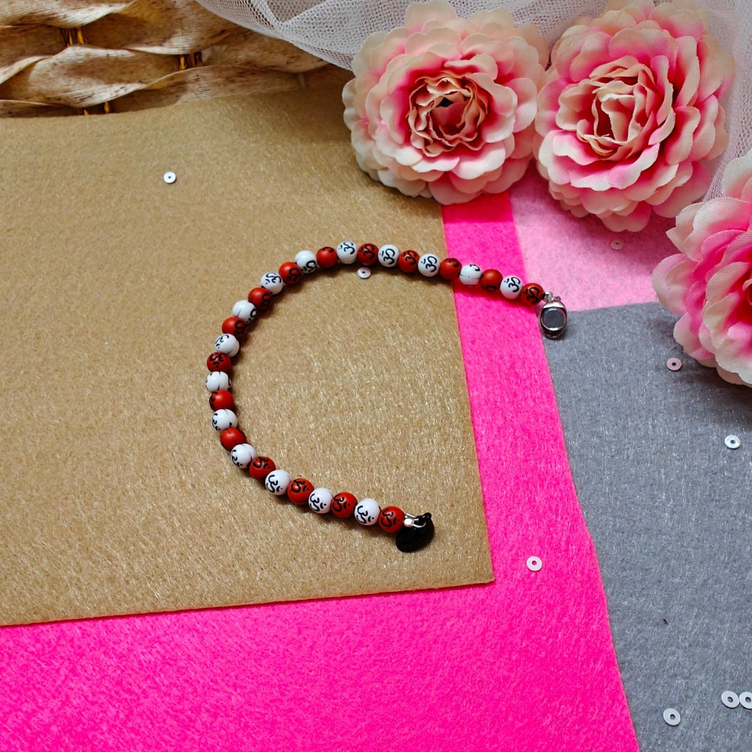 ORANGE WHITE OM HEART || BEADED BRACELET