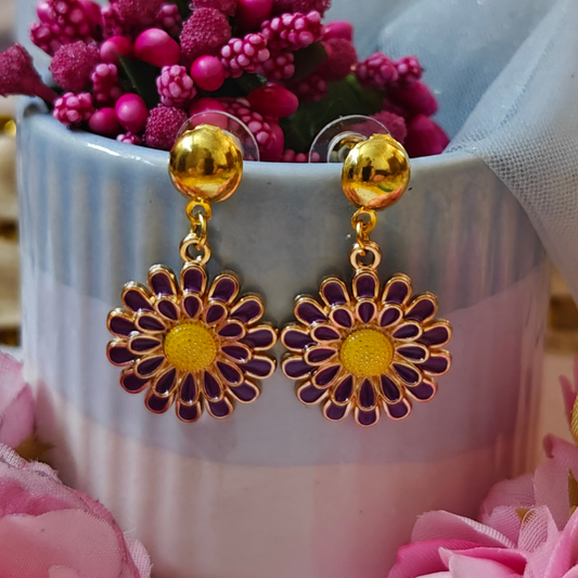 Purple Flower Metal Charm Handmade Earrings