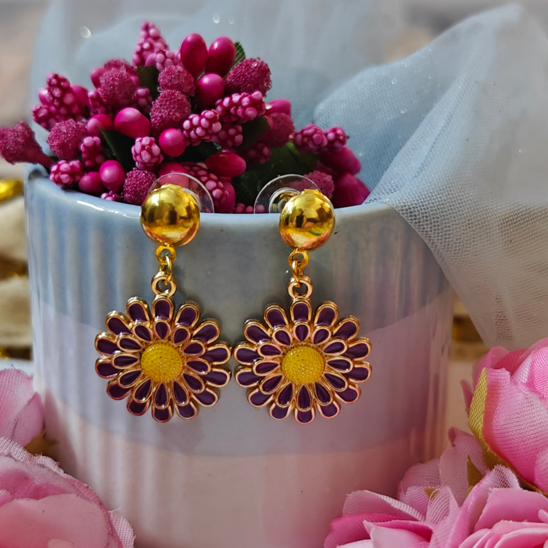 Purple Flower Metal Charm Handmade Earrings