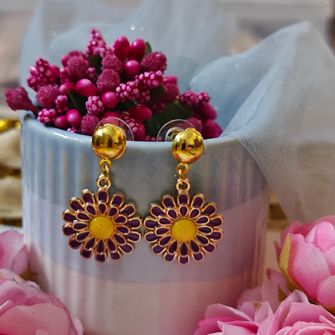 Purple Flower Metal Charm Handmade Earrings