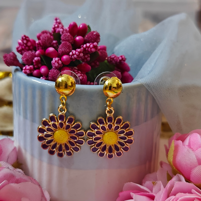 Purple Flower Metal Charm Handmade Earrings