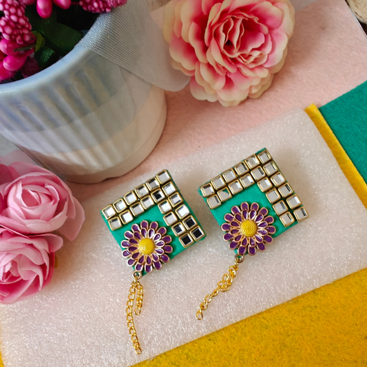 Purple Flower & Green Fabric Handmade Earrings
