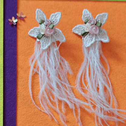 White Flower with Feathers Handmade Fabric Stud Earrings