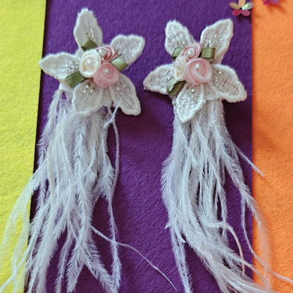 White Flower with Feathers Handmade Fabric Stud Earrings