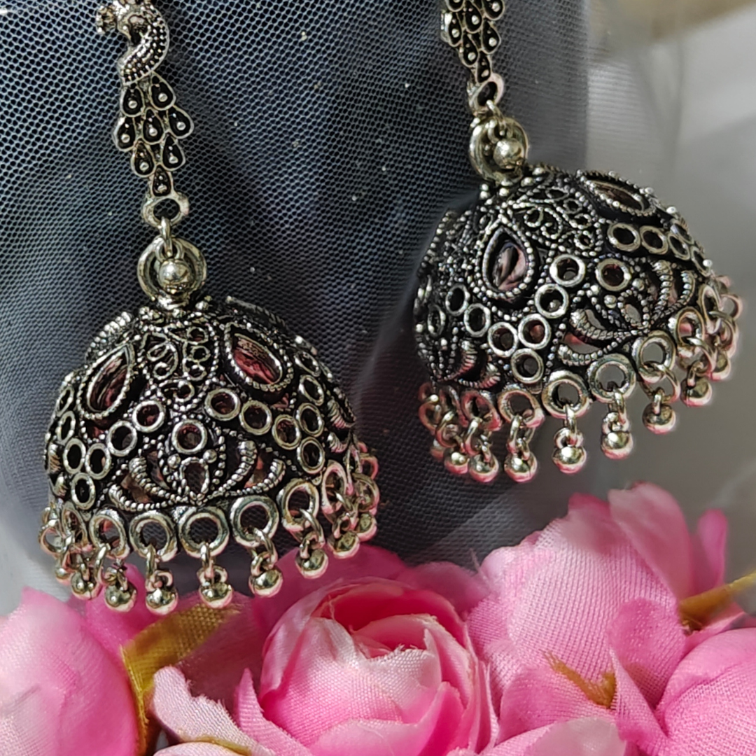 Peacock Jhumka Silver Oxidised Earrings
