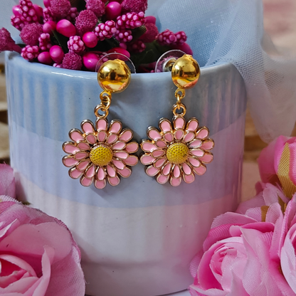 Pink Flower Metal Charm Handmade Earrings