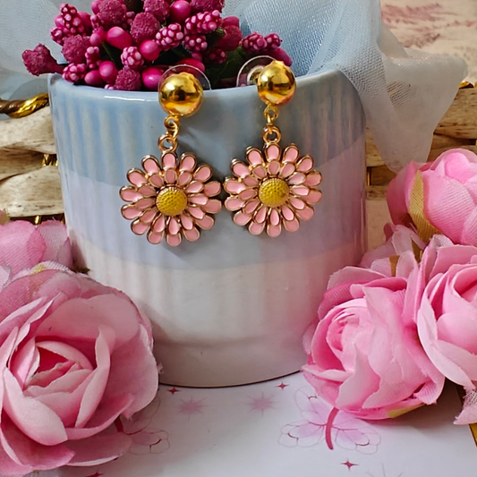 Pink Flower Metal Charm Handmade Earrings