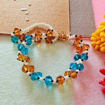 Garden Blossom (Blue, Brown) Handmade Beaded Bracelet