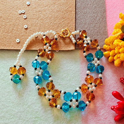 Garden Blossom (Blue, Brown) Handmade Beaded Bracelet