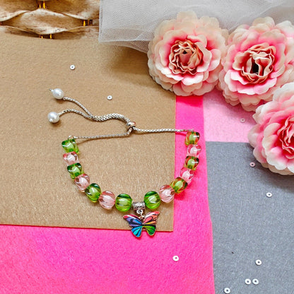 Butterfly Pinch (Green and Pink) Handmade Beaded Bracelet
