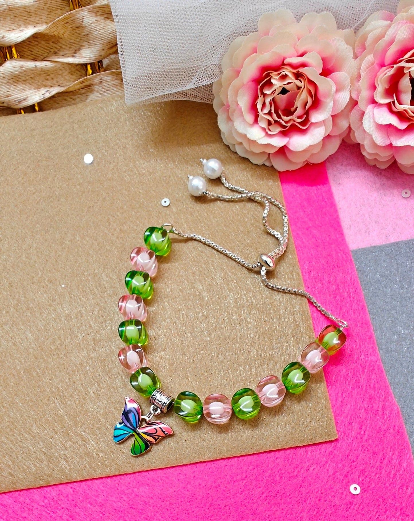 GREEN PINK BUTTERFLY MULTI PINCH || BEADED BRACELET