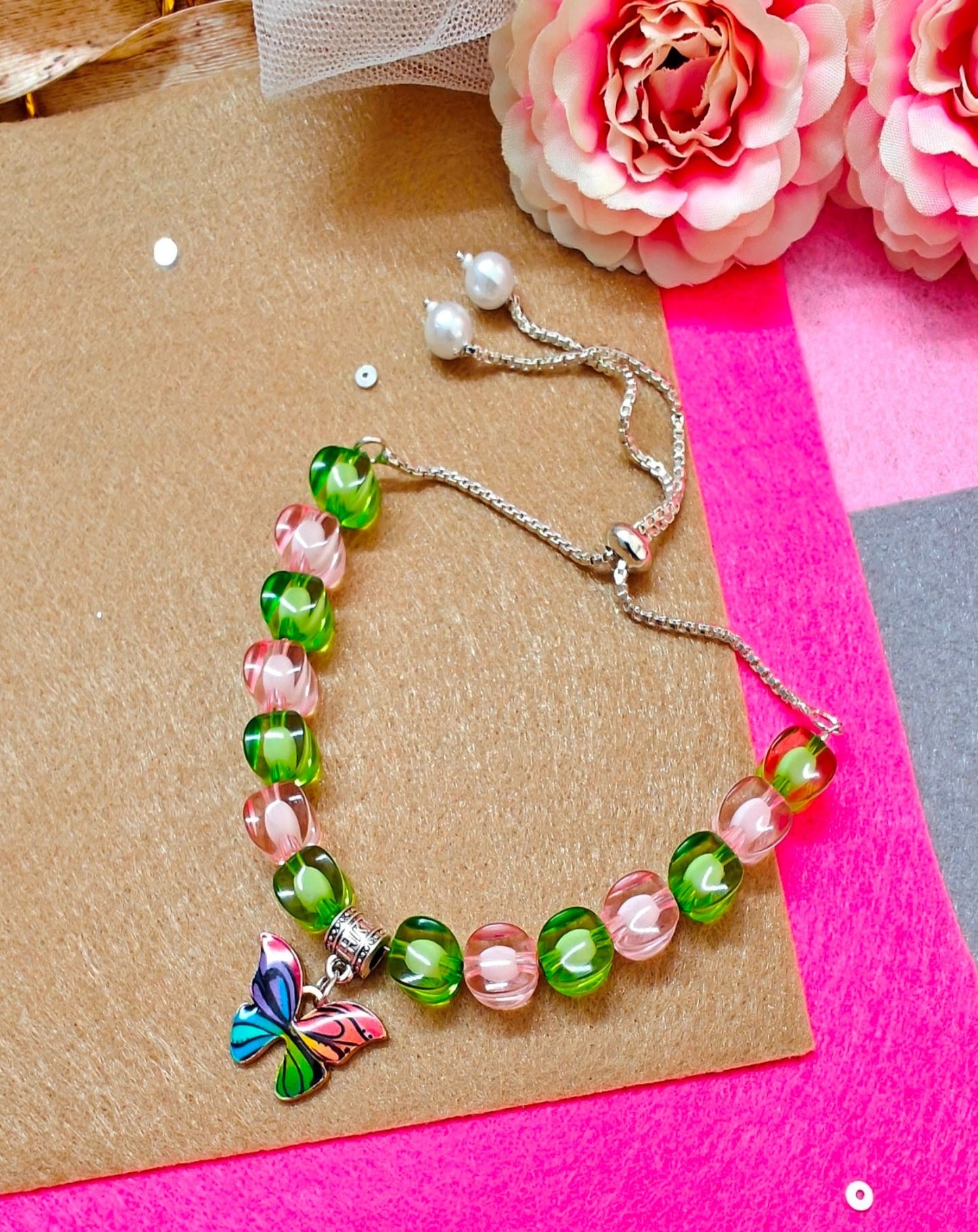 GREEN PINK BUTTERFLY MULTI PINCH || BEADED BRACELET