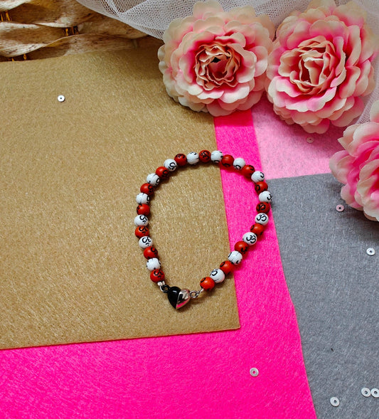 ORANGE WHITE OM HEART || BEADED BRACELET