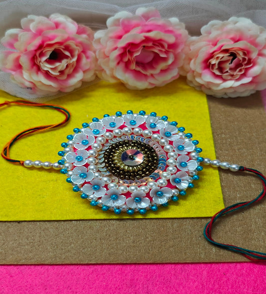 FLOWER SEQUENCE BEADED RAKHI - COMBO (PINK, BLUE, WHITE)